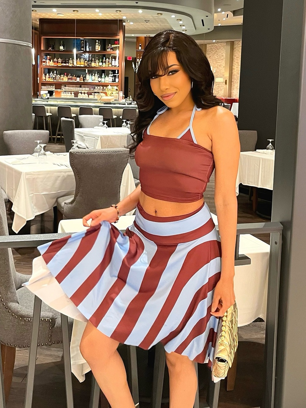 Striped Blue & Brown Flared Skirt matching set— Women